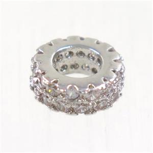European style copper bead paved zircon, rondelle, platinum plated, approx 7.5mm dia, 4mm hole [FDZN5078]