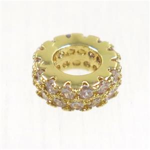 European style copper bead paved zircon, rondelle, gold plated, approx 7.5mm dia, 4mm hole [FDZN5079]