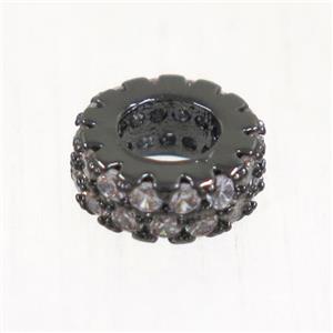 European style copper bead paved zircon, rondelle, black plated, approx 7.5mm dia, 4mm hole [FDZN5080]