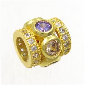 European style copper tube beads paved zircon, gold plated, approx 9x9mm, 5mm hole [FDZN5098]
