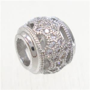 European style copper rondelle beads paved zircon, platinum plated, approx 9x10mm, 5mm hole [FDZN5101]