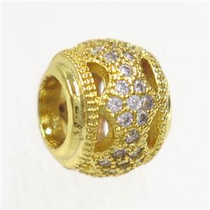 European style copper rondelle beads paved zircon, gold plated, approx 9x10mm, 5mm hole [FDZN5102]
