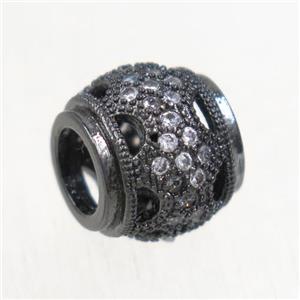European style copper rondelle beads paved zircon, black plated, approx 9x10mm, 5mm hole [FDZN5103]