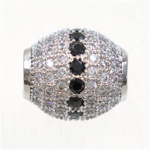European style copper beads paved zircon, barrel, platinum plated, approx 12x13mm, 5mm hole [FDZN5109]