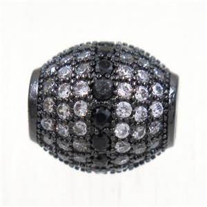 European style copper beads paved zircon, barrel, black plated, approx 12x13mm, 5mm hole [FDZN5111]