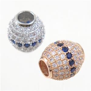 European style copper beads paved zircon, barrel, mix color, approx 12x13mm, 5mm hole [FDZN5115]
