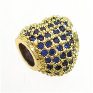 European style heart beads paved blue zircon, copper, gold plated, approx 10mm, 4mm hole [FDZN5120]