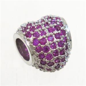 European style heart beads paved hotpink zircon, copper, platinum plated, approx 10mm, 4mm hole [FDZN5123]