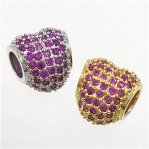 European style heart beads paved hotpink zircon, copper, mix color, approx 10mm, 4mm hole [FDZN5125]