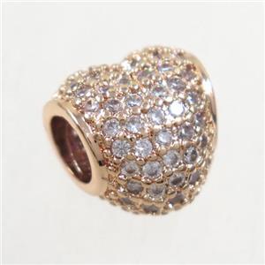 European style copper heart beads paved zircon, gold plated, approx 10mm, 4mm hole [FDZN5126]