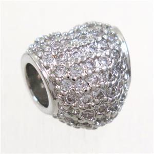 European style copper heart beads paved zircon, platinum plated, approx 10mm, 4mm hole [FDZN5127]
