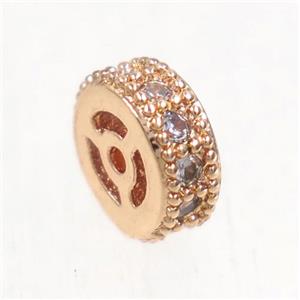copper wheel beads paved zircon, rondelle, rose gold, approx 6.5mm dia [FDZN5216-6.5MM]