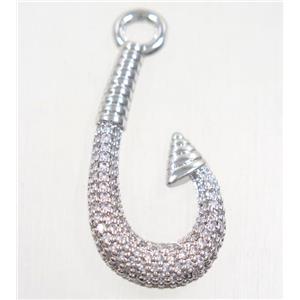 copper fishhook pendant paved zircon, platinum plated, approx 16-30mm [FDZN5256]