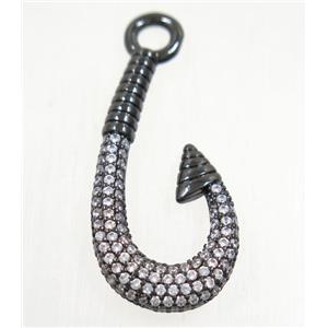 copper fishhook pendant paved zircon, black plated, approx 16-30mm [FDZN5258]