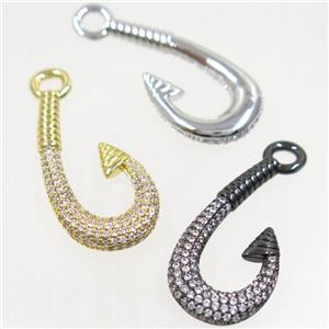 copper fishhook pendant paved zircon, mix color, approx 16-30mm [FDZN5259]