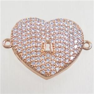 copper heart connector paved zircon, rose gold, approx 16-18mm [FDZN5265]