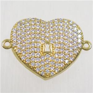 copper heart connector paved zircon, gold plated, approx 16-18mm [FDZN5267]