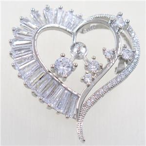 copper heart pendant paved zircon, platinum plated, approx 40-43mm [FDZN5271]