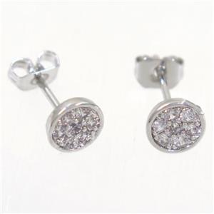 copper earring studs paved zircon, platinum plated, approx 6mm dia [FDZN5285]