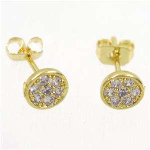 copper earring studs paved zircon, circle, gold plated, approx 6mm dia [FDZN5286]