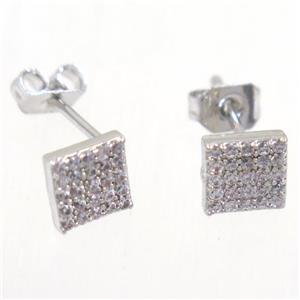 copper earring studs paved zircon, square, platinum plated, approx 6x6mm [FDZN5287]