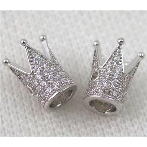 copper crown beads paved zircon, platinum plated, approx 9x11mm [FDZN529]