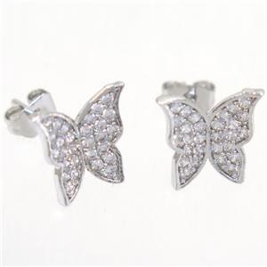copper butterfly earring studs paved zircon, platinum plated, approx 8.5-10mm [FDZN5290]