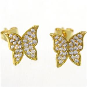 copper butterfly earring studs paved zircon, gold plated, approx 8.5-10mm [FDZN5291]