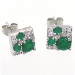 copper earring studs paved zircon, square, platinum plated, approx 8x8mm [FDZN5292]