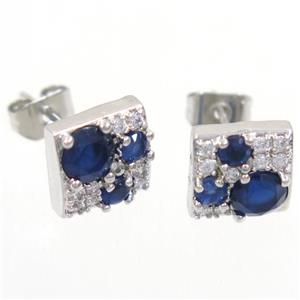 copper earring studs paved zircon, square, platinum plated, approx 8x8mm [FDZN5293]