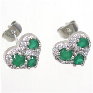 copper heart earring studs paved zircon, platinum plated, approx 8-10mm [FDZN5294]