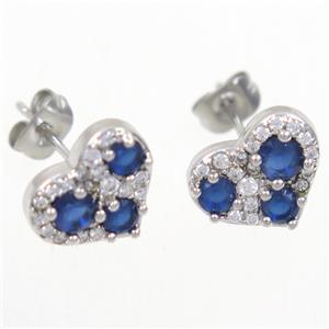 copper heart earring studs paved zircon, platinum plated, approx 8-10mm [FDZN5295]