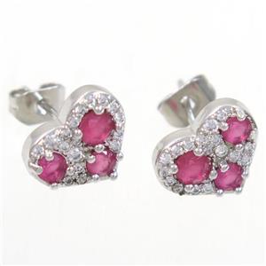 copper heart earring studs paved zircon, platinum plated, approx 8-10mm [FDZN5296]