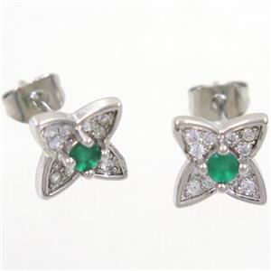 copper earring studs paved zircon, star, platinum plated, approx 8x8mm [FDZN5297]