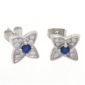 copper earring studs paved zircon, star, platinum plated, approx 8x8mm [FDZN5298]