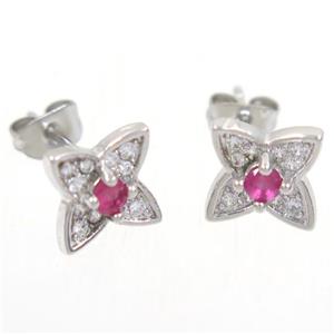 copper earring studs paved zircon, star, platinum plated, approx 8x8mm [FDZN5299]