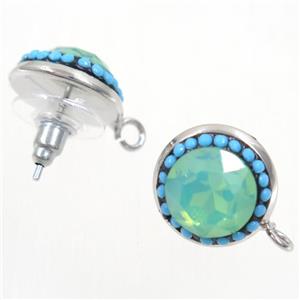 copper earring studs paved zircon, crystal glass, platinum plated, approx 14mm dia [FDZN5300]