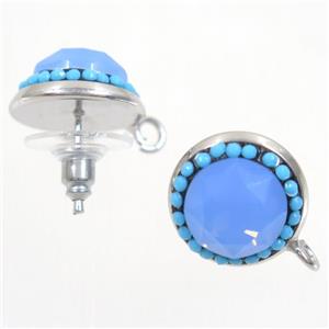 copper earring studs paved zircon, crystal glass, platinum plated, approx 14mm dia [FDZN5301]