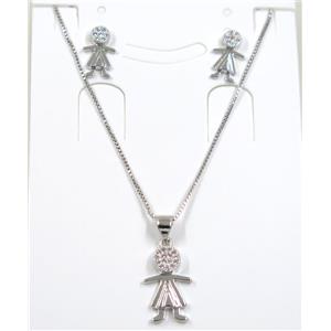 Jelwelry set, copper necklace earring pave zircon, kids, platinum plated, approx 8-16mm [FDZN5355]