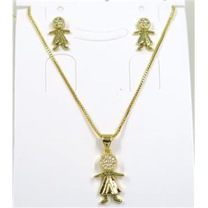 Jelwelry set, copper necklace earring pave zircon, kid, gold plated, approx 8-16mm [FDZN5356]