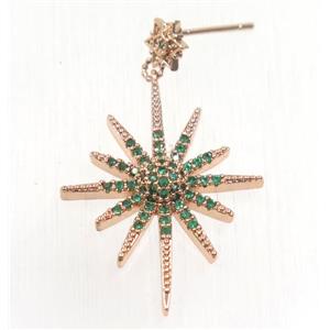 copper northstar earring studs paved green zircon, rose gold, approx 24-32mm [FDZN5359]