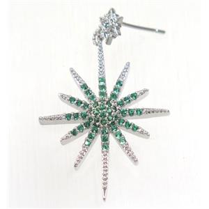 copper northstar earring studs paved green zircon, platinum plated, approx 24-32mm [FDZN5360]