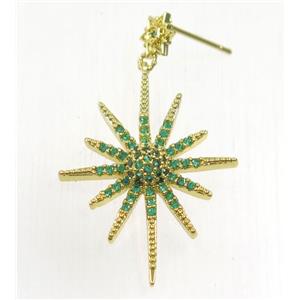 copper northstar earring studs paved green zircon, gold plated, approx 24-32mm [FDZN5361]