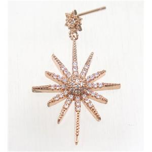 copper northstar earring studs paved zircon, rose gold, approx 24-32mm [FDZN5367]