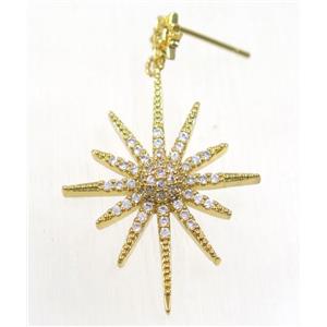 copper northstar earring studs paved zircon, gold plated, approx 24-32mm [FDZN5369]