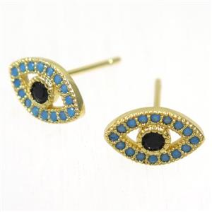 copper evil eye earring studs paved zircon, gold plated, approx 7-11mm [FDZN5377]