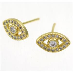 copper evil eye earring studs paved zircon, gold plated, approx 7-11mm [FDZN5381]
