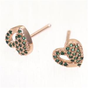 copper Heart earring studs paved zircon, rose gold, approx 7-8mm [FDZN5383]