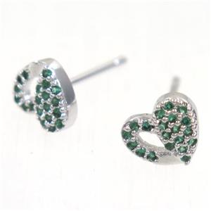 copper Heart earring studs paved zircon, platinum plated, approx 7-8mm [FDZN5384]