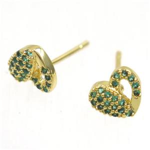 copper Heart earring studs paved zircon, gold plated, approx 7-8mm [FDZN5385]